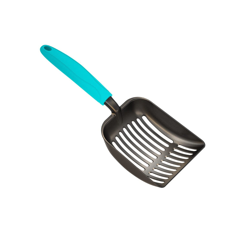 WePet Cat Litter Scoop, Non-Stick Plated Aluminum Alloy Sifter, Kitty Durable Metal Scooper, Deep Shovel, Long Handle, Kitten Pooper Lifter, Size Medium, Coated Black Body with Turkish Blue Handle