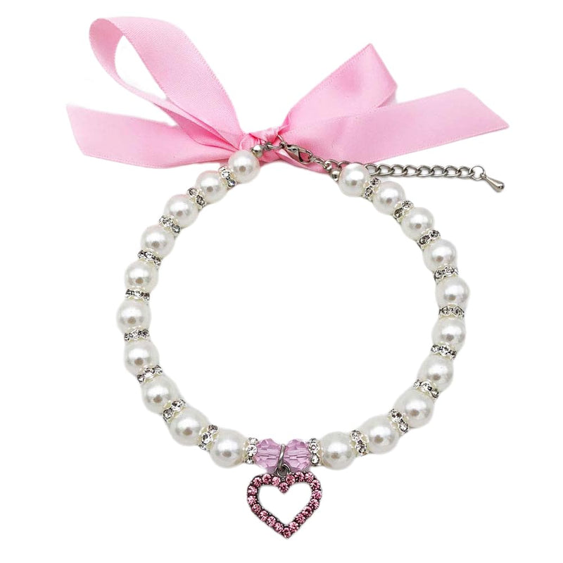 PETFAVORITES Pearl Crystal Dog Necklace Collar Jewelry for Small Dogs Puppy, Bling Cat Wedding Collar with Rhinestones Charm, Chihuahua Yorkie Clothes Outfits Accessories (Pink Heart, 8 to 10-Inch)