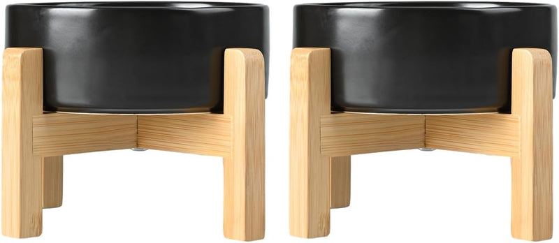 SPUNKYJUNKY Ceramic Elevated Dog Bowls 2 Pack - 6.1inch Raised Dog Bowls with Non-Slip Wooden Stand for Medium Dogs Dish