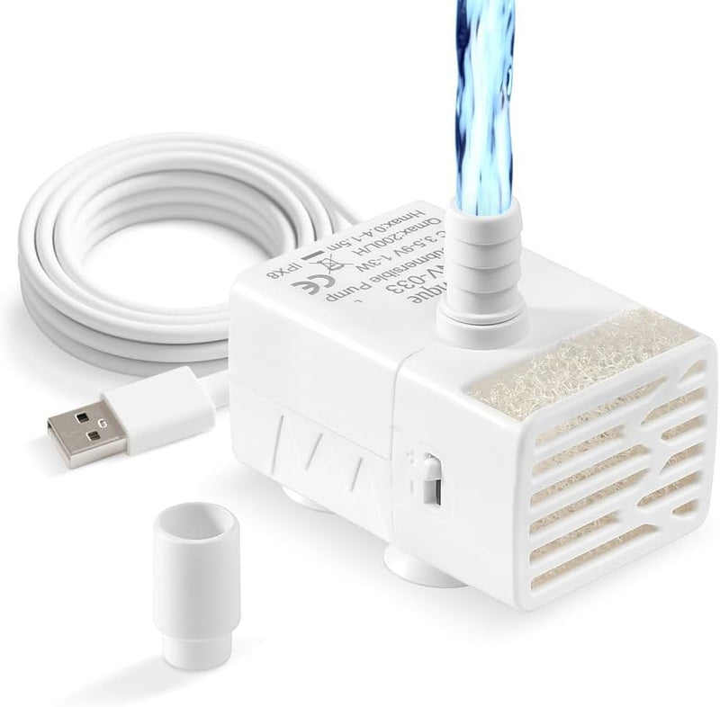200L/H Submersible Water Pump Ultra Silent USB Small Fountain Pump with 2 Nozzles for Aquarium Fish Tank Fountain Hydrop