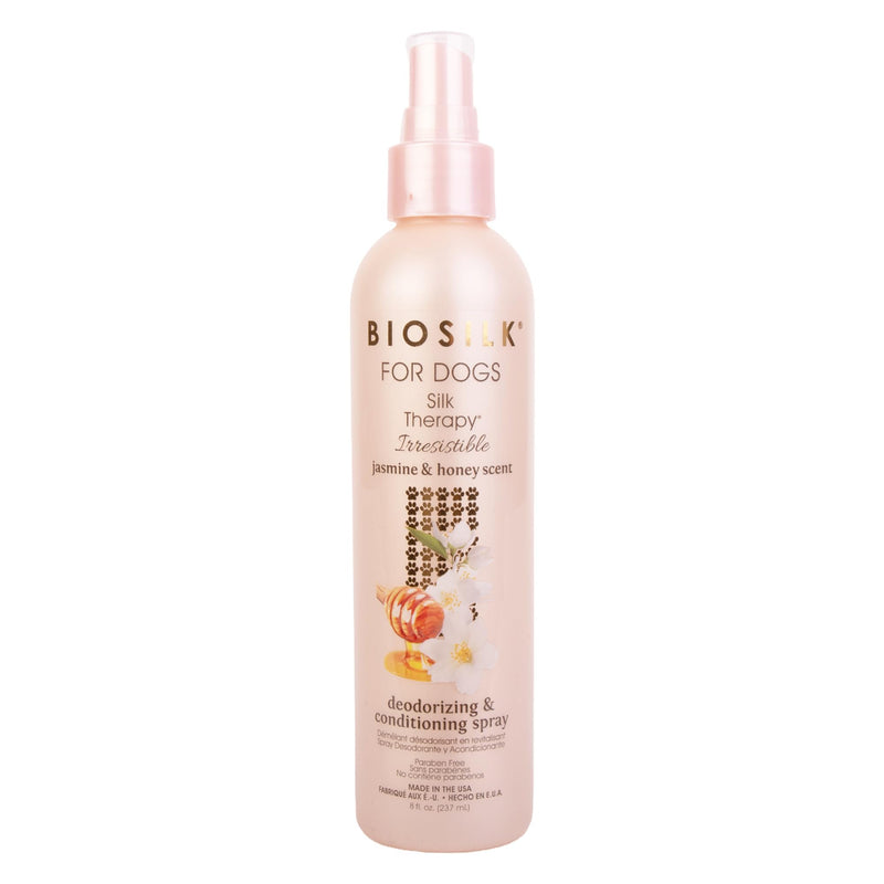 BioSilk for Dogs Silk Therapy Irresistible Deodorizing and Conditioning Spray, Jasmine and Honey Scent, Hydrolyzed Silk Proteins, Paraben Free, pH Balanced for Dogs, Safe 8 Weeks+, 8 fl oz