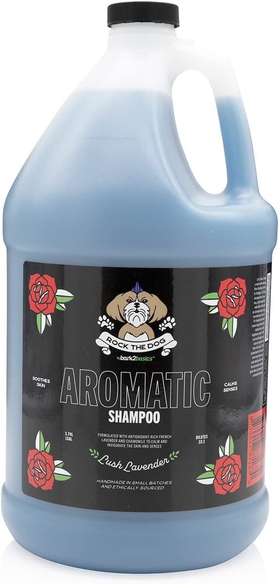 Bark2Basics Rock the Dog Aromatic Pet Shampoo, 1 Gallon - Lavender and Chamomile Infused to Calm and Invigorate the Skin and Senses, Concentrated, Professional Grade