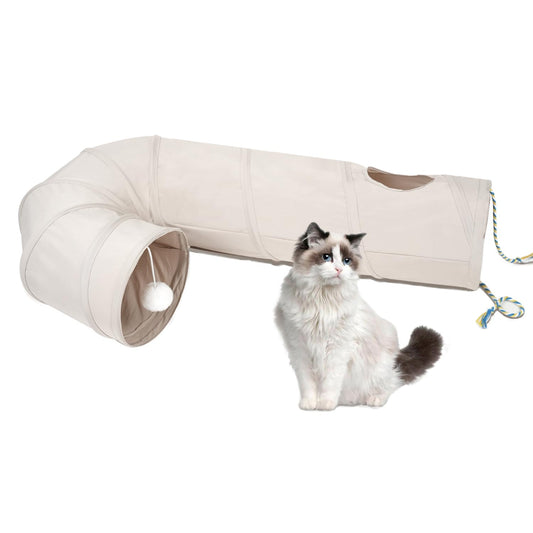 Cat Tunnel, 2-Way Collapsible Cat Tube with Interactive Peek-A-Boo Hole, Toy Ball, and Rope Ideal for Indoor Cats, Kittens, and Rabbits, Beige