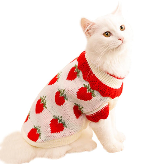 ANIAC Strawberry Turtleneck Cat Sweater Warm Knitted Small Dog Clothes for Girls Boys Autumn Winter Puppy Outfit Cold Weather Pet Knitwear for Chihuahua Yorkie Poodle (Red Strawberry, Small)