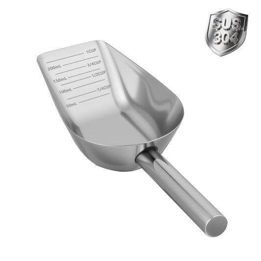 Aloxina Dog-Cat Food Scoop 1 Cup – Thickened 304 Stainless Steel Pet Food Scoop with Long Handle, Precision Scale, Easy to Clean, Suitable for Wet Dry Food
