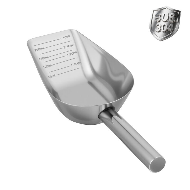 Aloxina Dog-Cat Food Scoop 1 Cup – Thickened 304 Stainless Steel Pet Food Scoop with Long Handle, Precision Scale, Easy to Clean, Suitable for Wet Dry Food