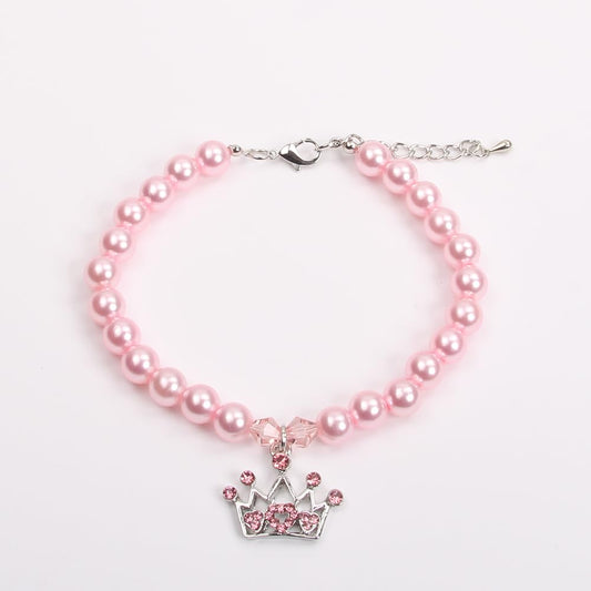 XKSRWE Dog Cat Pearls Necklace Collar with Rhinestones Crown Charm Pendant Pet Puppy Jewelry (S, Pink)