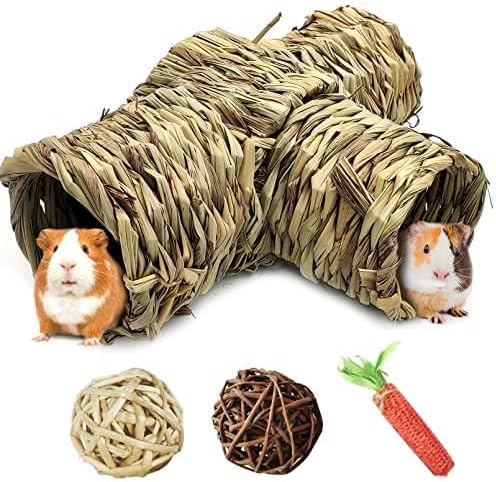 PINVNBY Hamster Grass Tunnel Toy Nature's Hideaway Guinea Pig Tunnels and Tubes Straw Tunnel House with 4 Entrances for 