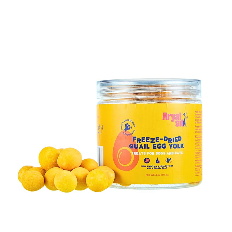 Arya Sit! - Freeze-Dried Single Ingredient Treat (Quail Egg Yolk) for Dogs and Cats - High Protein · Rich in Lecithin for Healthy Coat · No Artificial Ingredients · 4 oz/8 oz