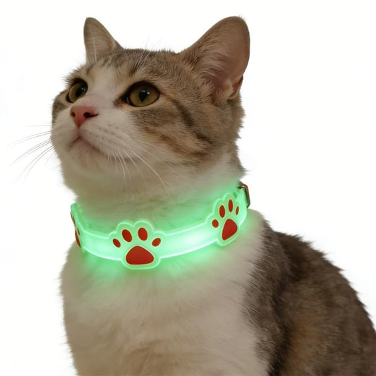 2 Pcs Luminous Pet Collars with Paw Print & Glow Bell - Pink & Red, Night Safety Anti-Lost Collars for Cats & Small Dogs