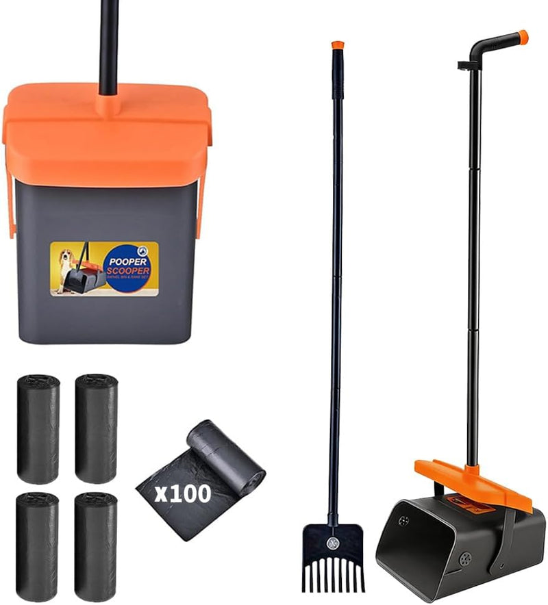 Pooper Scooper for Dogs, 46'' Long Handle Large & Small Breeds, Yard & Outside Waste Pickup, Rake with Bag Attachment & 