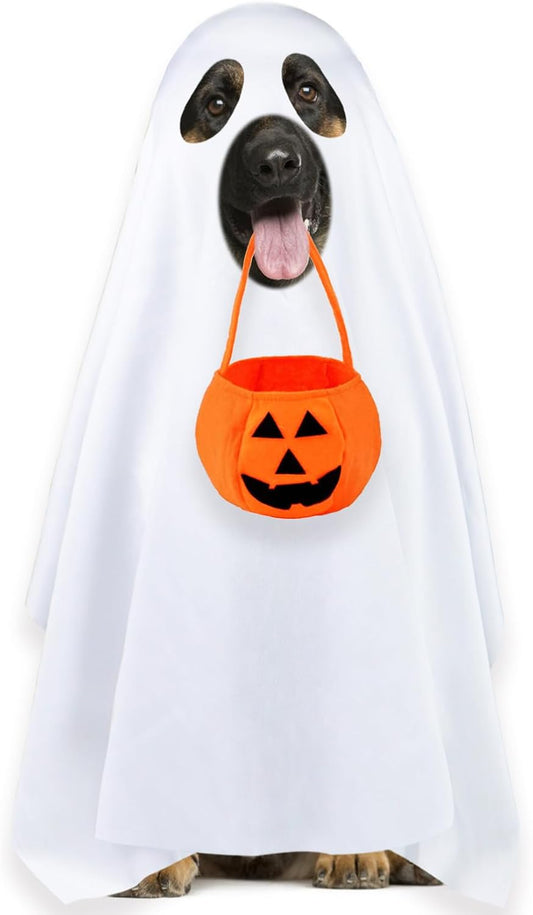 Dog Halloween Costumes, Dog Ghost Costume Funny Pet Ghost Costume with Pumpkin Candy Bag for Small Medium Large Dogs Pet
