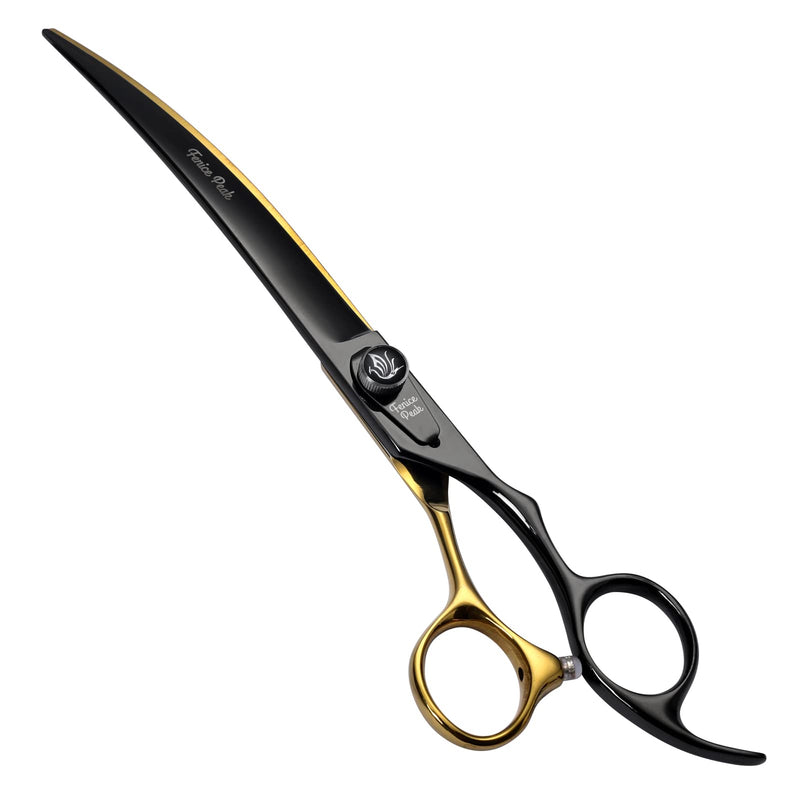 Fenice Peak 8'' Black Dog Grooming Scissors Goldern Curved Scissors with Ergonomic Offest Handle and Pattern Screw Pet Grooming Trimming Shears Durable and Sharp 440C