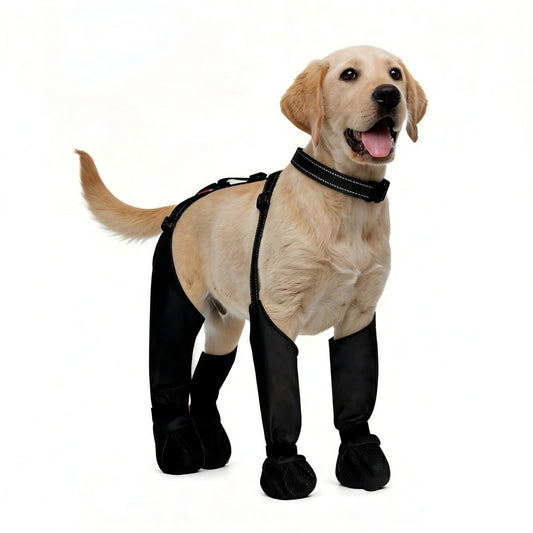 All-in-One Dog Suspender Boots for Small, Medium & Large Dogs – Waterproof Paw Protectors with Non-Slip Sole & Reflective Straps, Ideal for Rain, Snow, and Hiking (Black, L)