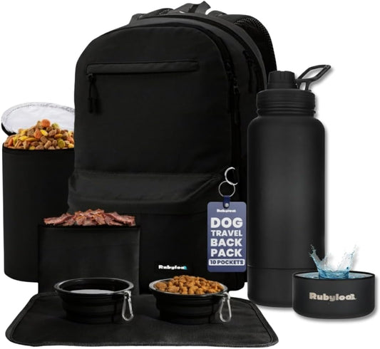 Rubyloo The Original Doggy Bag Backpack (Black) & 32oz Insulated Water Bottle with Attached 8oz Bowl (Solid Black) – Dog