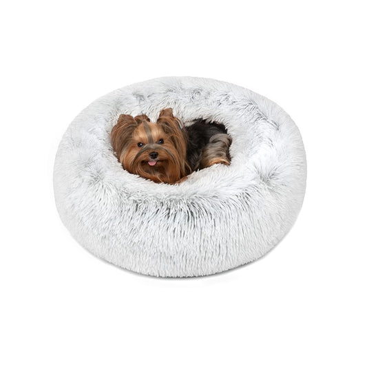Friends Forever Donut Dog Bed Faux Fur Fluffy Calming Sofa For Small Dogs, Soft & Plush Anti Anxiety Pet Couch For Dogs, Machine Washable Coco Pet Bed with Non-Slip Bottom, 23"x23"x6" Ivory
