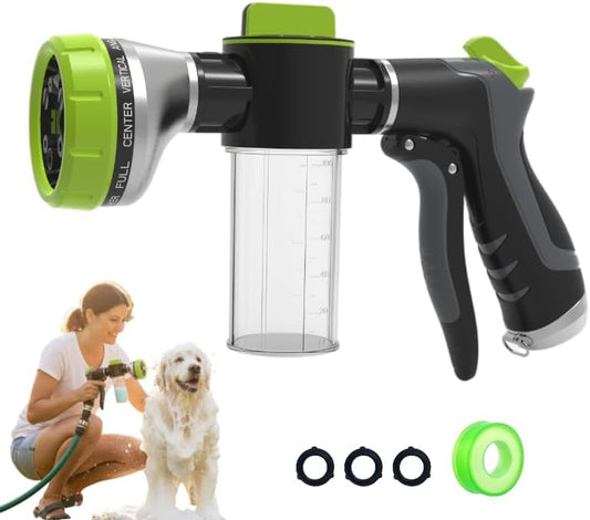 Dog Shower Attachment with Soap Dispenser for Pet Wash, 10-Function Garden Hose Sprayer Nozzle for Pet Bath, Make Washin