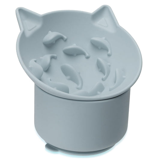 Bikabpet Silicone Cat Slow Feeder, Elevated Slow Feeder Bowl Tilt Design, Suitable for Dry and Wet Food, Adjustable Angle, Cat Food Puzzle with Suction Cup(Gray)