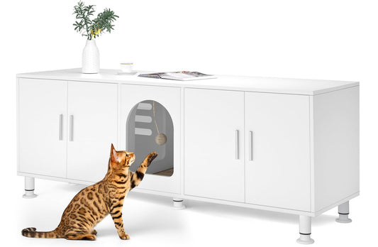 Amunbrek Double Litter Box Enclosure with Cat Scratch Mat & Motion Sensor Light, Modern Wooden Litter Box TV Stand for 2 Litter Boxes (White)