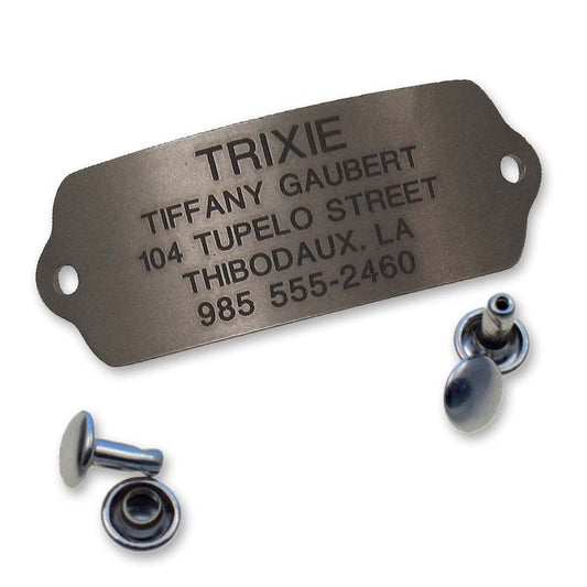LuckyPet Rivet-On Pet ID Tag - Personalized, Silent and Customized - Suitable for Cats and Dogs - Heavy-Duty Pet Identification - Engraved Tags - Large, Matte Finish Stainless Steel