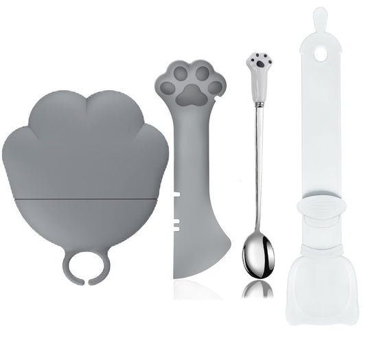 Cat Dog Food Can Lids Spoons - Cute Paw Silicone Pet Cans Lids Covers for Dog Cat Food Cans / Can Opener Cat Food Spatula Spoons for Wet Food / Cat Treat Spoon for Lickable Squeeze up Treats, Grey