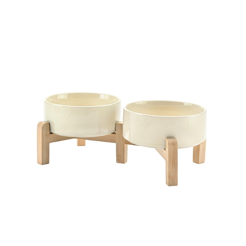 SPUNKYJUNKY Elevated Dog Bowls Ceramic, 5.1'' Dogs and Cat Food Water Bowls Raised with Non-Slip Bamboo Stand for Puppy Small Sized Breed Microwave Dishwasher Safe - 13.5 OZ,Beige