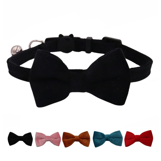 WDPAWS Cat Collar Breakaway with Bell and Removable Bow Tie Safety Buckle Velvet Adjustable 7-11 inches for Kitten Cats (Black)