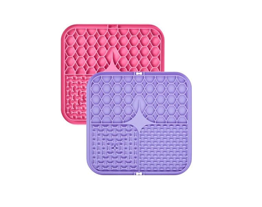 BleshiFashi 2 Pack Anti-Slip Licking Mat, Pet Food Mat Waterproof Puppy Feeding Mat, Slow Feeder Dog/Cat Bowl, Cat Licking Mat to Relieve Anxiety with Raised Edges (Pink+Purple)（6"×6"）