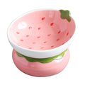 Yeexoxow Ceramic Raised Cat Bowl - Pink Elevated Food Bowl for Indoor Cats, Anti-Vomiting & Spine Protection, Cute Tilted Dish for Flat-Faced Cats and Kittens (Strawberry Shaped)