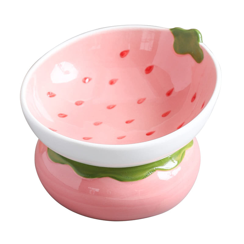 Yeexoxow Ceramic Raised Cat Bowl - Pink Elevated Food Bowl for Indoor Cats, Anti-Vomiting & Spine Protection, Cute Tilted Dish for Flat-Faced Cats and Kittens (Strawberry Shaped)