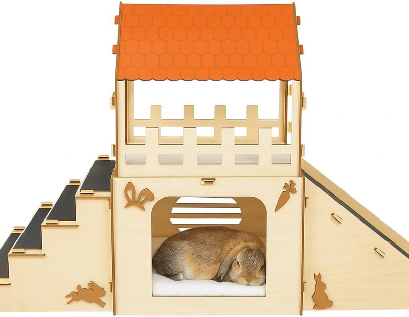 OtterPets Extra Large Bunny Hideout, Wooden Rabbit Castle with Fleece Mats