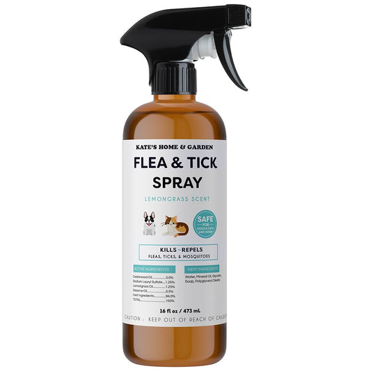Kate's Home & Garden Flea and Tick Spray for Dogs and Cats – 16 oz Natural Lemongrass Flea Spray – Kills & Repels Fleas, Ticks, Mosquitoes – Pet Safe