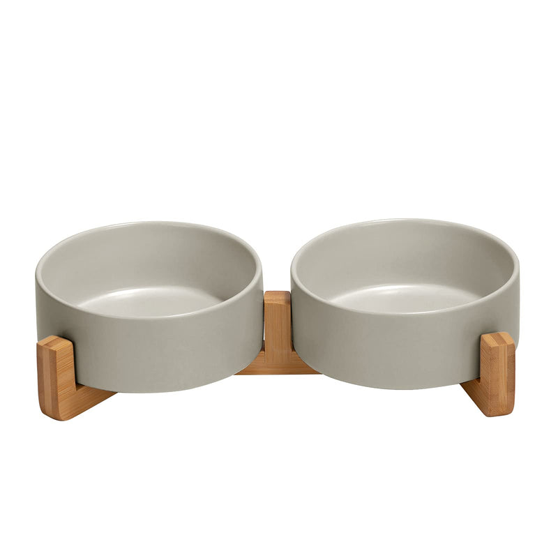 SPUNKYJUNKY Ceramic Dog and Cat Bowl with Wood Stand Non-Slip Matte Glaze Weighted Food Water Set for Cats &Small Dogs 13.5OZ