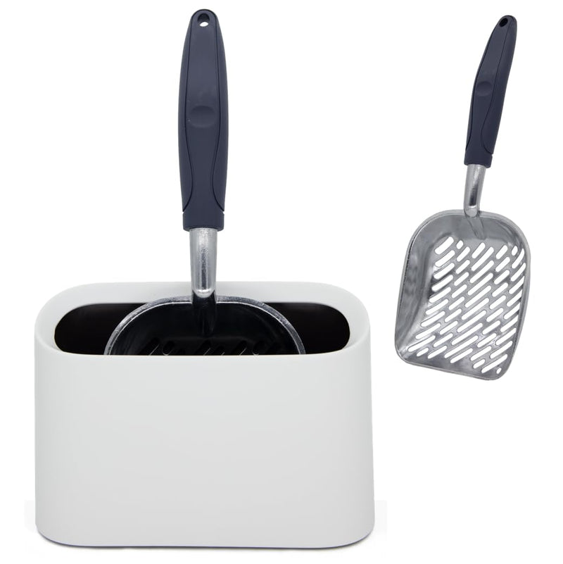 Vitisyao Heavy-Duty Metal Cat Litter Scoop with Holder, Aluminum Cats Litter Scooper Captures All Clumps, Kitty Metal Scooper and Holder (White)