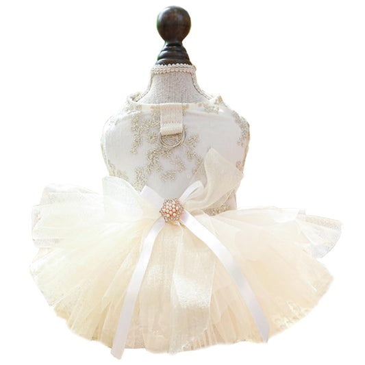 ANIAC Embroidered Dog Dress for Small Dog,Girl Puppy Princess Tutu Dress with Leash Ring,Cat Apparel,Chihuahua Yorkie Clothes for Birthday Wedding (Medium, Champagne)