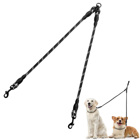 Taglory Double Dog Leash Coupler for Two Dogs, 1/3" Lightweight Dual Leash Extension for Small and Medium Dogs, No Tangle 360° Swivel, Reflective Rope, 30 Inch, Black