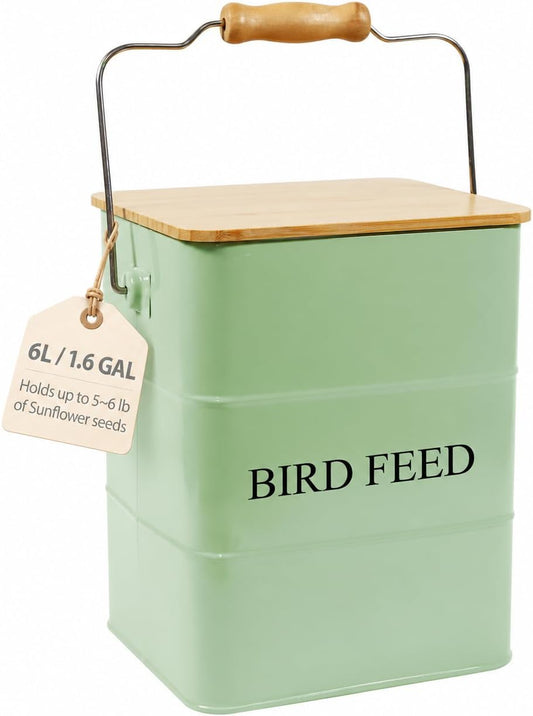 Metal Bird Seeds storage container,Outdoor Bird Container Canister, Pet Food Bin with Wooden Lid/Handle/Food scoop,hold 5-6 Lbs of Wild Bird Seed Sunflower Seed