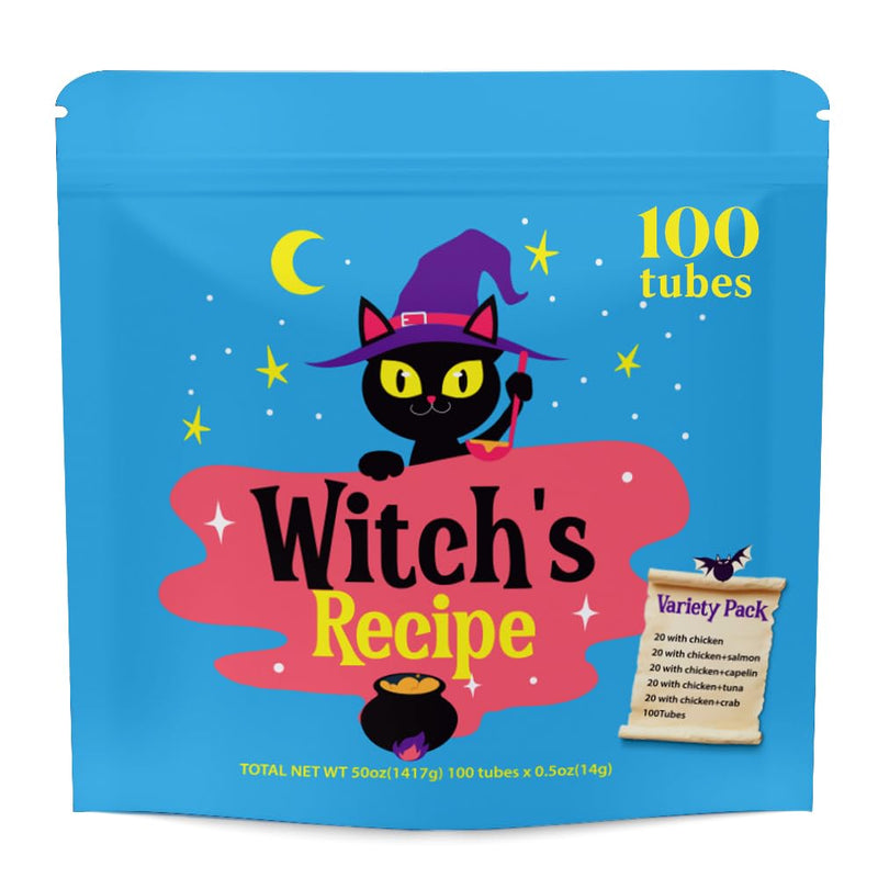 Witch's Recipe Lickable Cat Treats, Creamy Squeezable Puree, Grain-Free, 100 Tubes, Chicken Tuna Salmon goatmilk Capelin Flavors 0.5oz Each Tube