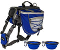 Saddlebag Back Pack & Harness Combo for Dogs 30-100+ lbs. Perfect for Travel, Trail Hiking, & Camping. Reflective, Lightweight, & Comfortable. Comes with Two Collapsible Bowls (Large, Blue)