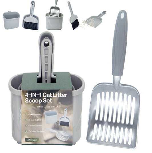 Vitisyao 4-in-1 Cat Litter Scoop with Holder, Cat Litter Box Organizer Cleanup Kit - Sweeper & Dustpan, Aluminum Kitty Litter Scooper and Storage Caddy (Gray)