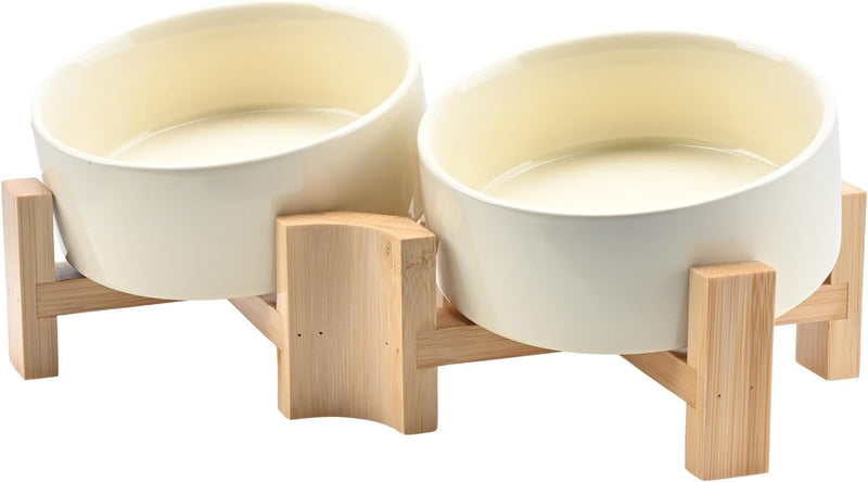 SPUNKYJUNKY 15° Slanted Ceramic Dog and Cat Bowl with Wooden Stand, Tilted Bulldog Food and Water Bowl No Slip Non-Spill