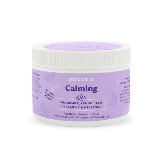 Bocce's Bakery Calming Supplement for Dogs, Daily Chews Made in The USA with Chamomile, Lemon Balm, L-Theanine & Melatonin, Supports Stress, Banana & Honey, 60 ct
