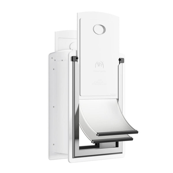 Decormax Cat Door for Wall, Energy Efficient Pet Door with Steel Frame, Telescoping Tunnel, Double Magnetic Flaps and Two Sliding Lock Panels, Easy to Install, Milky White, Small