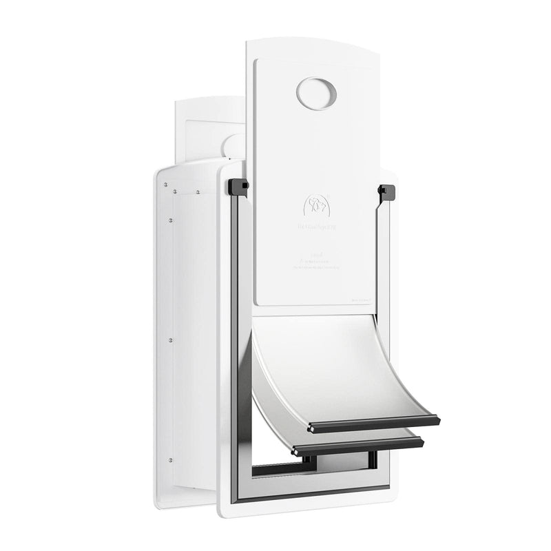 Decormax Cat Door for Wall, Energy Efficient Pet Door with Steel Frame, Telescoping Tunnel, Double Magnetic Flaps and Two Sliding Lock Panels, Easy to Install, Milky White, Small