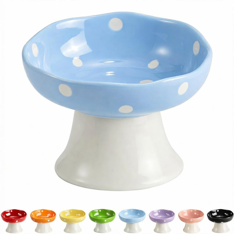 Ceramic Elevated Cat Bowls, Tilted Raised Pet Dish for Indoor Cats, Whisker Friendly Pet Food and Water Bowl for Kitten, Cat, Puppies, Dishwasher Safe (Blue)