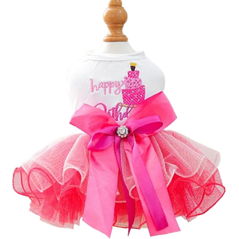 MQQYLBHDS Dog Birthday Dress with Cake Pattern & Bowknot Girl Puppy Clothes for Small Dog Cat Birthday Outfit with Tutu Skirt Party Tulle Pet Apparel (Fuchsia, Small)