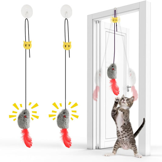 FYNIGO Self Play Cat Toys,2 Pack Door Hanging Cat Mouse Toy with Squeaky Sound,No Batteries Required,Interactive Cat Enrichment Toys for Bored Indoor Adult Cats,Cat Boredom Toys Mice with Feather Tail