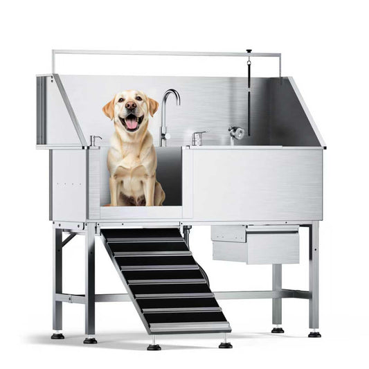 DYTREND 56" Professional Dog Washing Station, 304 Stainless Steel Pet Grooming Tub with Removable Ramp, 1.0mm Thick Anti-Rust Bath Tub, Adjustable Height & Detachable Faucet Kit for Dogs & Cats