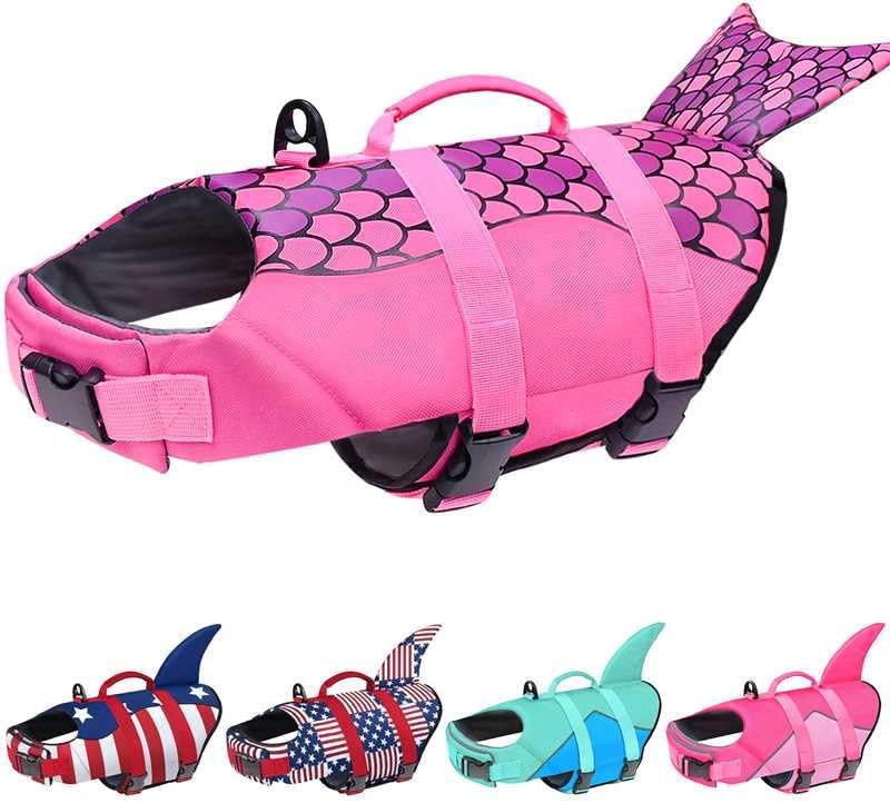 Malier Dog Life Jacket, Ripstop Dog Life Vest with High Buoyancy for Swimming Boating, High Visibility Shark Puupy Lifes