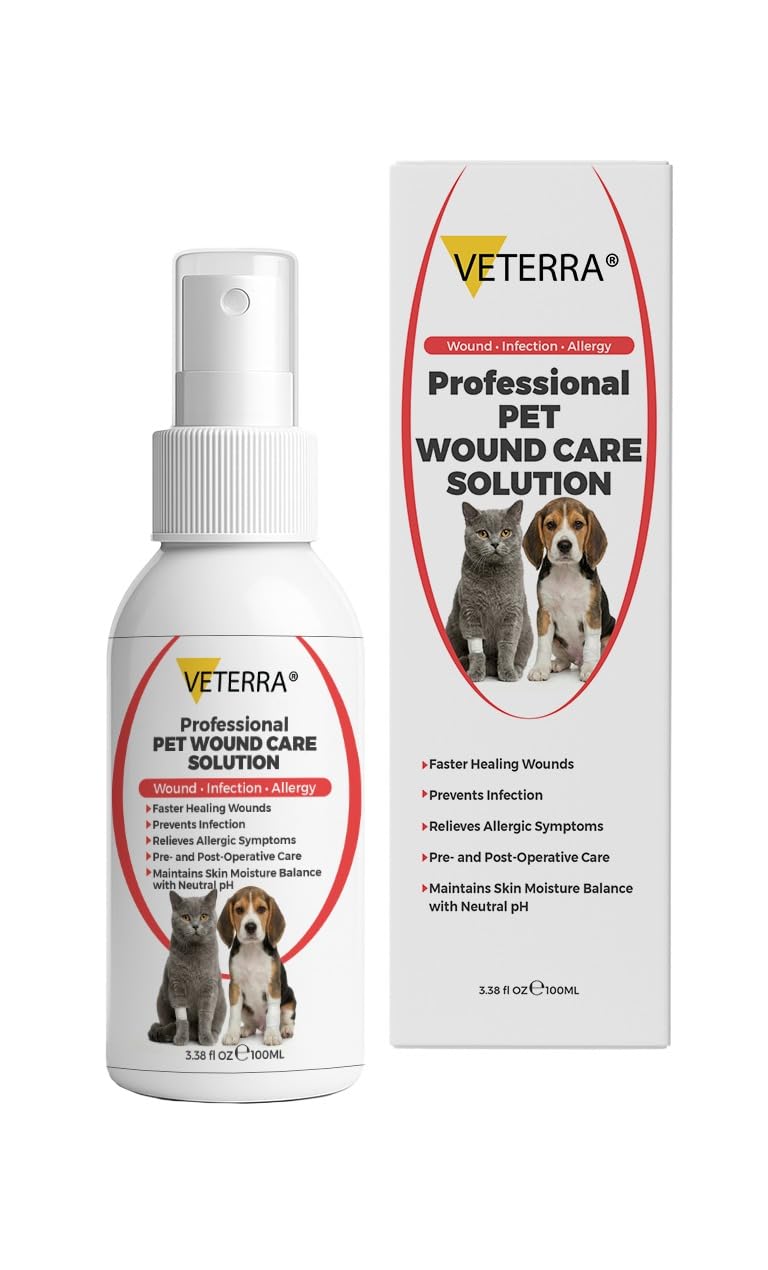 Veterra Dog and Cat Wound Care Spray for Dogs & Cats – Vet Recommended Skin Cleansing Spray, Helps Clean Minor Cuts & Scratches, Supports Skin Hygiene, Gentle No-Sting Formula - 3.38 Oz 100 Ml